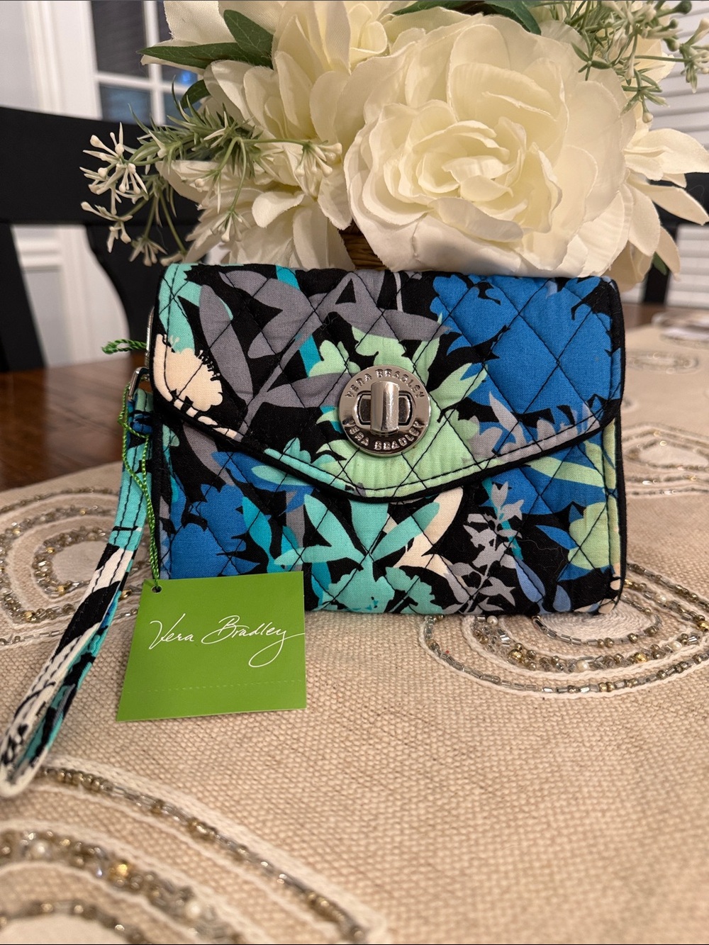 Vera Bradley Teal Blue Floral Quilted Wristlet with Turn-Lock